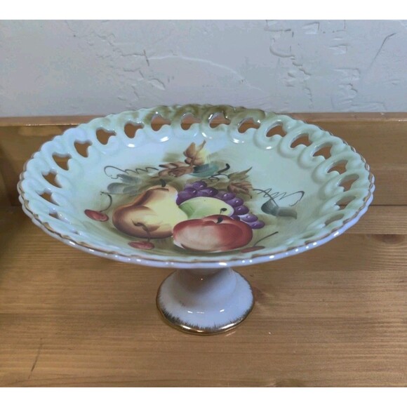 Lefton Vintage Hand Painted Pedestal Pierced Compote Dish Gilded Fruit 7x4" - Picture 1 of 9